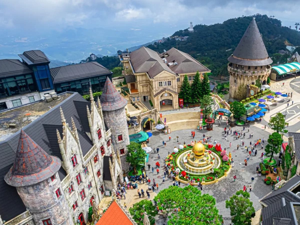 Castle towers around the main square of the Ba Na Hills French village