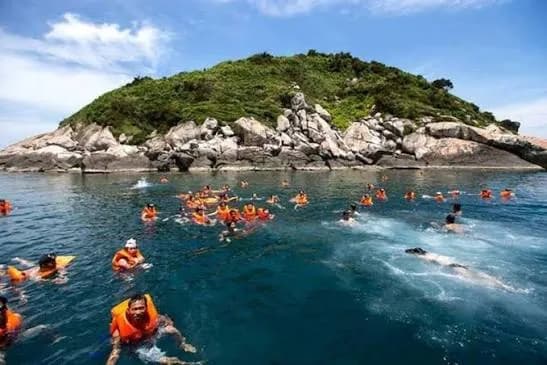 Group in life jackets swimming off a rocky islet at Cu Lao Cham