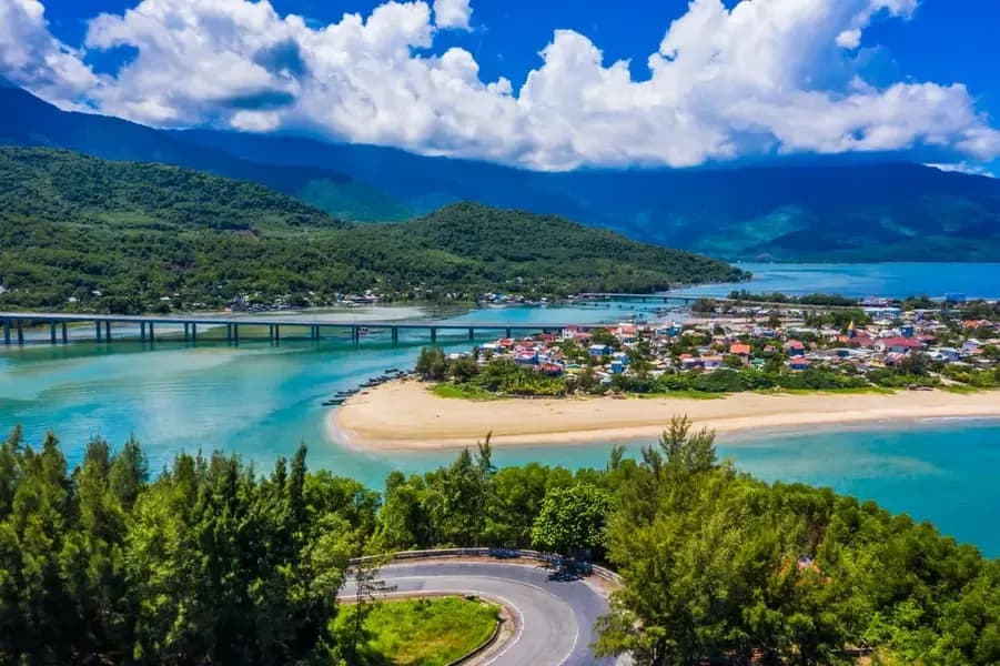 Lang Co lagoon and town between the mountains and the sea